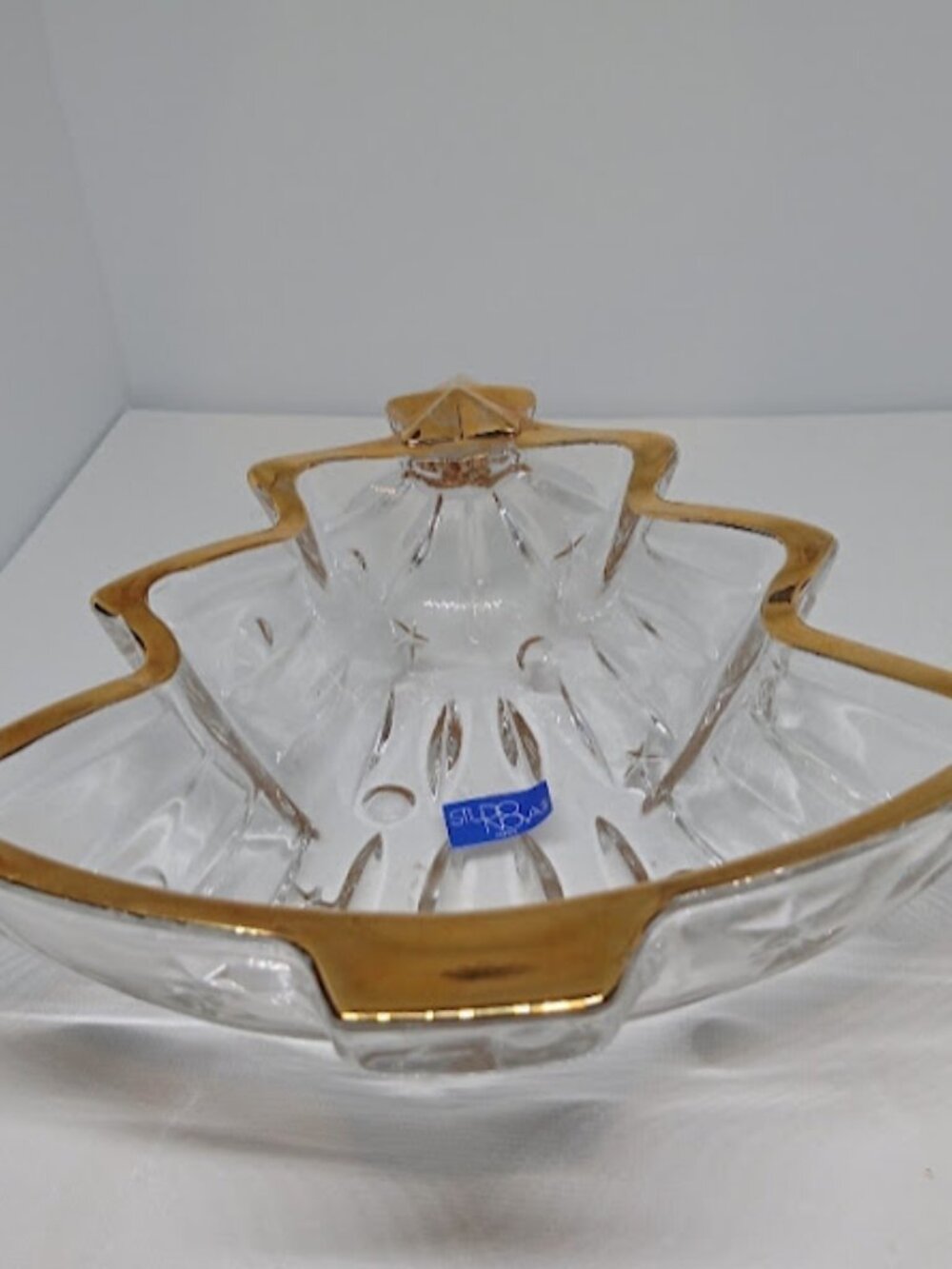 Vtg Studio Nova Christmas Tree Candy Nuts Dish Clr Glass Gold Trim 6" T x 5.5 W